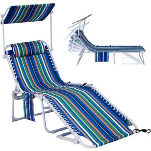 #WEJOY Folding Lounge Chair with Canopy Shade, Portable Adjustable 5-Position Patio Chaise Lounger with Pillow & Storage Pocket for Lay Flat Outdoor Lawn Backyard Beach Camping Pool Tanning