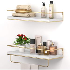 Shario White Floating Shelves - Set of 2, Wall Mounted Hanging Shelves with Golden Towel Rack, Decorative Storage Shelves for Bathroom, Kitchen, Living Room & Bedroom (White) (White)