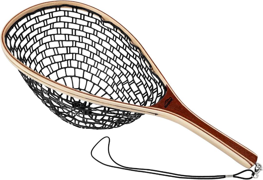 Landing Net for Fly Fishing, Trout Fishing Net, Soft Rubber Catch and Release Fish Net with Wooden Handle, 23.6x15x10.6