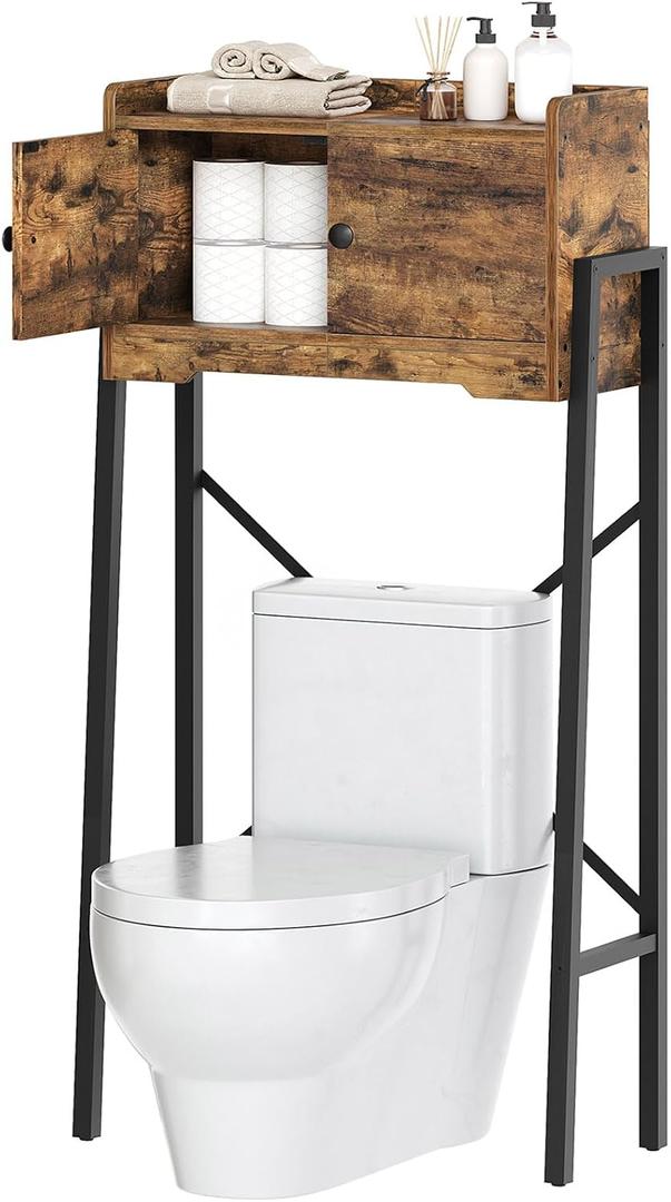 YATINEY Over The Toilet Storage Cabinet, Freestanding Above The Toilet Storage Cabinet, Over The Toilet Storage Rack with X-Shaped Back Support, for Bathroom, Laundry, Rustic Brown and Black TR04BR, 23.6"L x 9.0"W x 48.4"H
