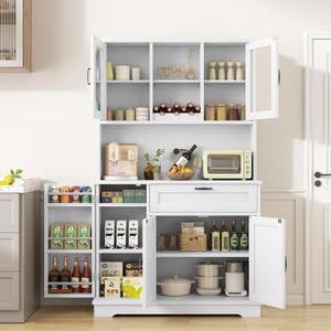 Shintenchi Kitchen Pantry Storage Cabinet, Freestanding Buffet Cabinet with Microwave Stand & 4 Door Shelves, Kitchen Hutch with Doors, Adjustable Shelves and Wine Rack, White