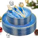 Rubtlamp 150Pcs Blue Christmas Plastic Plates, Gold Plastic Dinnerware Set For 30 Guest, Hammered Heavy Duty Plates with Gold Rim Include 30Dinner Platos, 30Salad Platos,90 Cutlery For Christmas