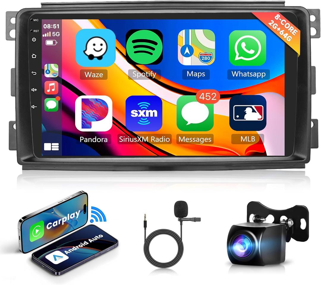 8 Core 2+64G Android Car Radio for Mercedes Benz Smart Fortwo 2005-2010 with Wireless Carplay Android Auto Car Stereo, 9 Touch Screen Mirror Link WiFi GPS Bluetooth FM RDS DSP Backup Camera SWC