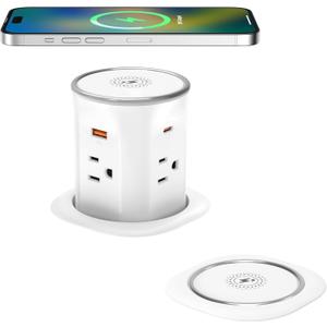 Jgstkcity Pop Up Countertop Outlet with 15W Wireless Charger,20W USB C Ports,Flush Mount Tamper Resistant,Recessed Grommet Receptacle,4 USB 4 Outlets,15A,1875W,ETL Listed,3.15in Hole,White
