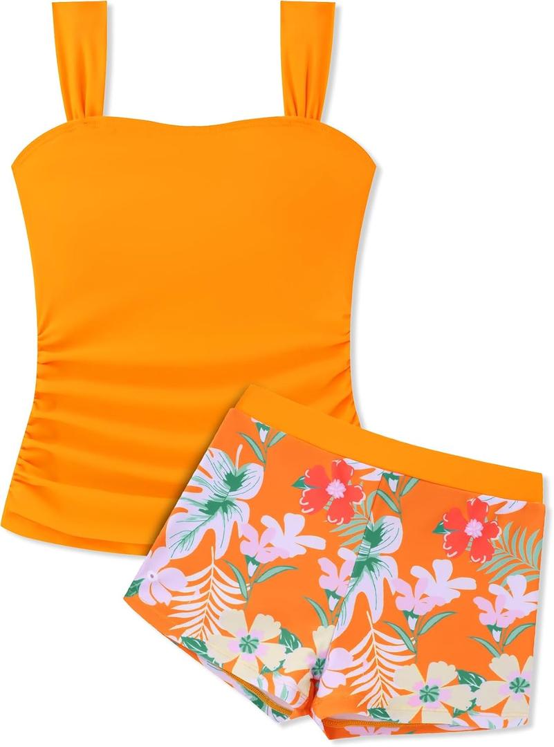 Gaupafmb Girls Tankini Swimsuit Solid Ruched Side Square Neck Top with Tropical Printed Shorts 2 Piece Girls Bathing Suits, Size: 7-8 Years