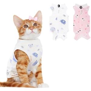 2 PCS Cat Recovery Suit for Spay Abdominal Wounds Cat Onesie for Cats After Surgery Recovery Suit Female Breathable E-Collar Alternative Kitten Onesie Anti Licking Small