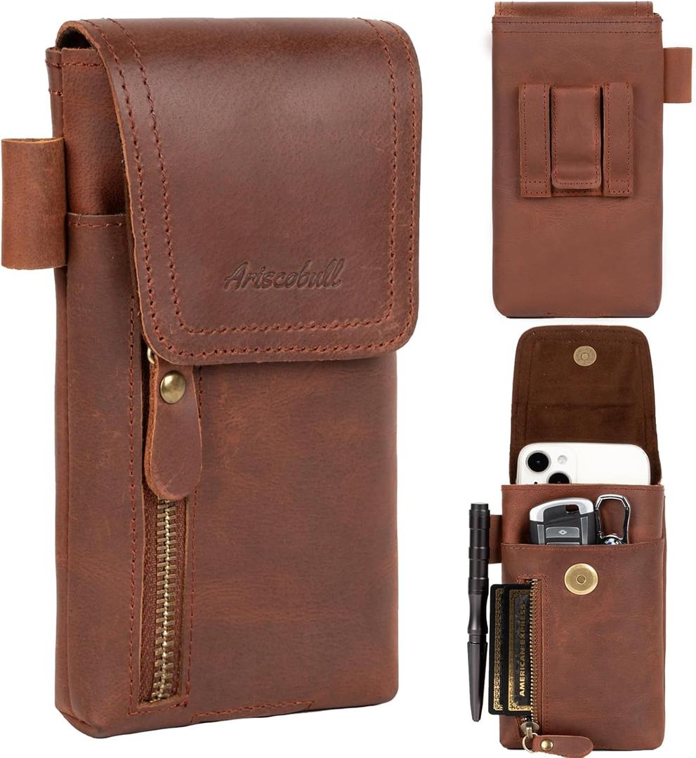 Leather Phone Holster - Genuine Full-Grain Buffalo Leather Cell Phone Holsters - for iPhone 16, 15, 14, 13pro, Galaxy S24, S23, S22-7 X 3.5" Coffee