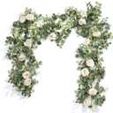 Der Rose 2Pcs Artificial Eucalyptus Flower Garland with Fake Rose Flower Vine Seeded Eucalyptus Leaves Greenery Garland for Wedding Table Runner Backdrop Party Centerpiece Decor (White-Total 13FT)