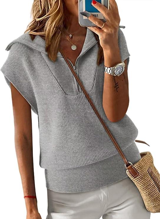 Dokotoo Women's Casual Sleeveless Half Zip Pullover Sweaters Solid V Neck Collar Ribbed Knitted Loose Sweaters, 2XL