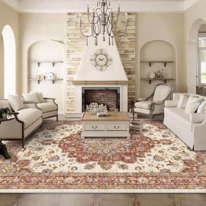 Washable Oriental Area Rug - 9x12 Rugs for Living Room Soft Carpet for Bedroom Waterproof Floral Distressed Indoor Stain Resistant Non-Shedding Floor Carpets (Red, 9x12)