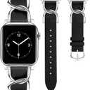 JR.DM Designer Leather Bands for Women,Dressy Fancy Cute Strap with Double U-Shaped Buckle Watch Bands for iwatch Compatible with Apple Watch Series 11/10/9/8/7/6/5/4/3/2/1 Ultra 1/2/3 SE 1/2/3 (A1 Black/Silver)