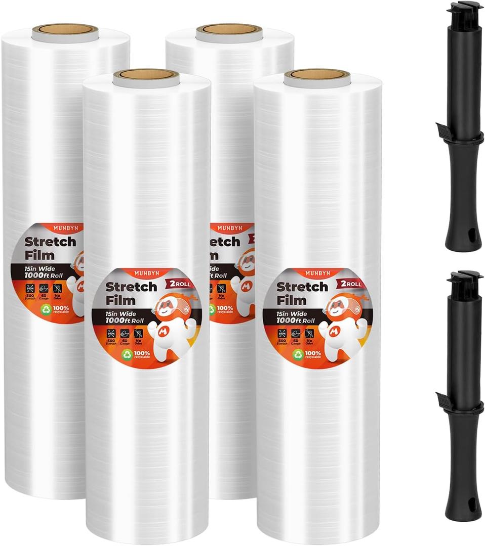 MUNBYN Shrink Wrap, Stretch Wrap with Handles, Stretch Film Roll Industrial Strength, Plastic Wrap for Pallet Wrapping Shipping Moving, 15 Inch x 1000 Ft, 4 Pack, 60 Gauge