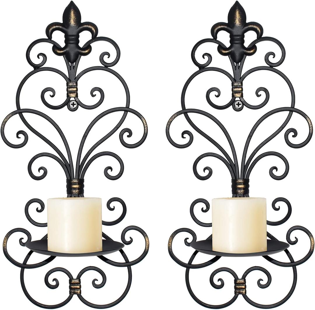Wall Sconces Candle Holder Set of 2, Metal Wall Decorations Hanging Wall Mounted Candle Sconces for Living Room Dining Room, Black with Gold (Black with Gold) (Antique Black-1)