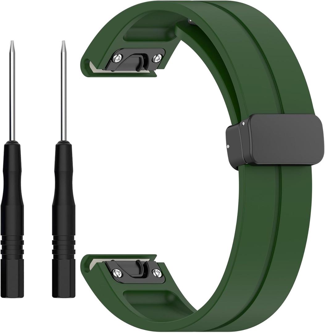 26mm 22mm 20mm QuickFit Watch Band Compatible with Garmin Fenix 8 7 6 5 3 hr 6s 5s 6x 5x Forerunner 935 945 965 Magnetic Silicone Watch Band for Garmin Instinct Approach MARQ Descent Quatix Epix Pro (Army Green)