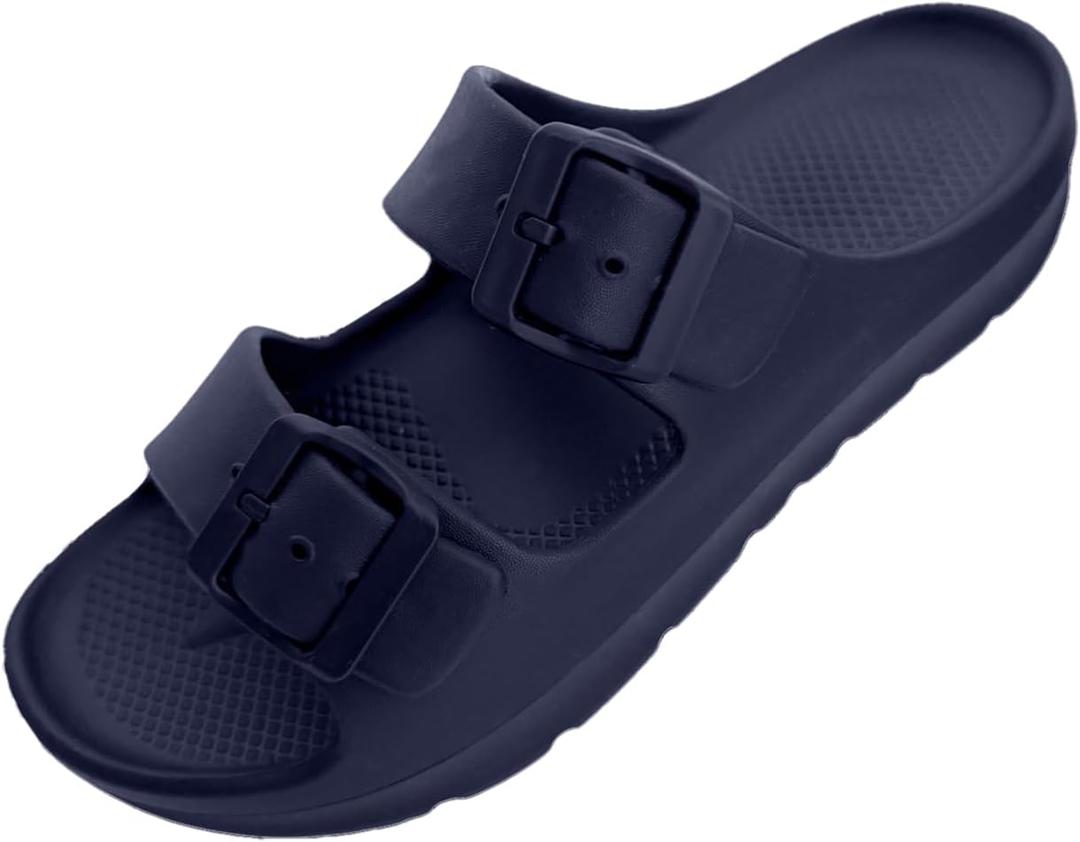 Trailvia Comfortable Footbed Sandals for Men & Women  Adjustable Buckle & Arch Support, Waterproof Summer Slides for Outdoor, Beach & Everyday Adventures (Navy)