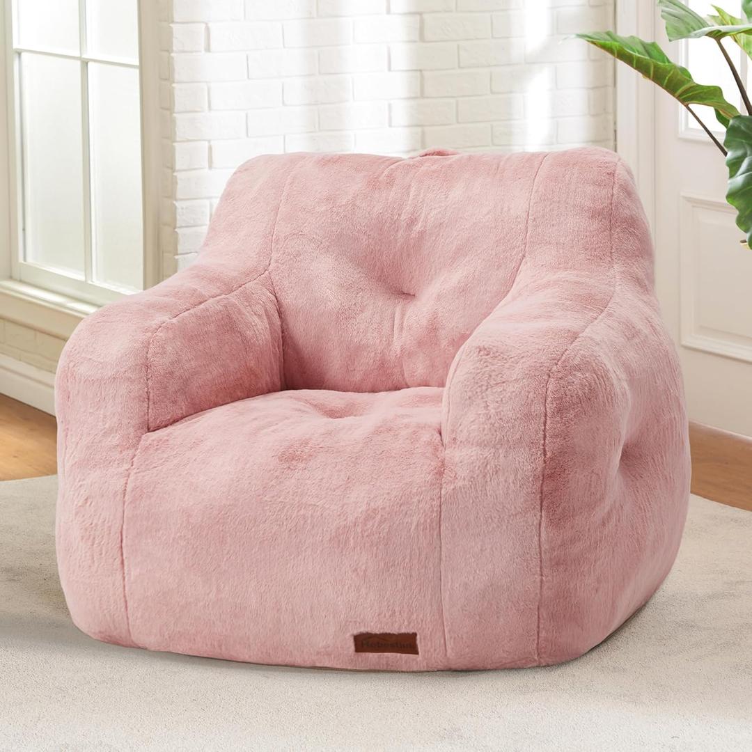 Hobestluk Bean Bag Chair for Adult Small Bean Bag Chairs with Arms Furry Beanbag Chair with Foam Filler Stuffed Bean Bag Sofa for Reading in Bedroom Living Room and Dorms (Pink)