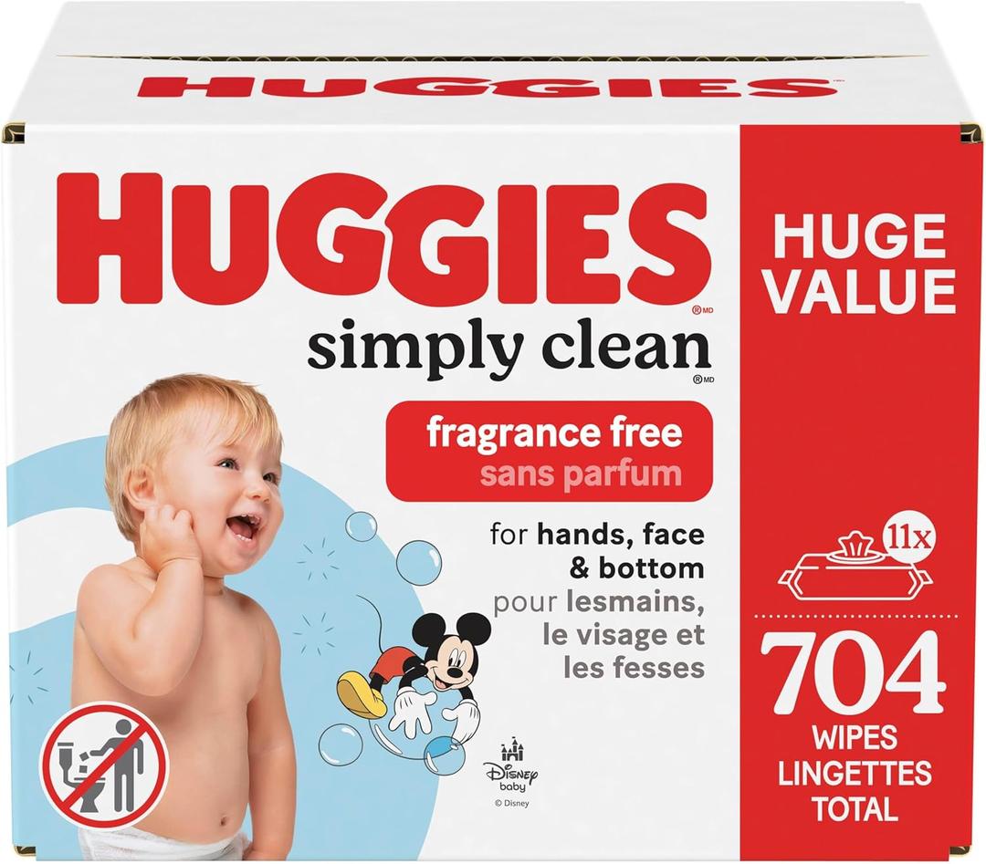 Huggies Simply Clean Unscented Baby Diaper Wipes, 11 Flip-Top Packs (704 Wipes Total)