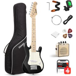 Donner 30 Inch Kids Electric Guitar Beginner Kits ST Style Mini Electric Guitar for Boys Girls with Amp, 600D Bag, Tuner, Picks, Cable, Strap, Extra Strings, DSJ-100, Black (Black)