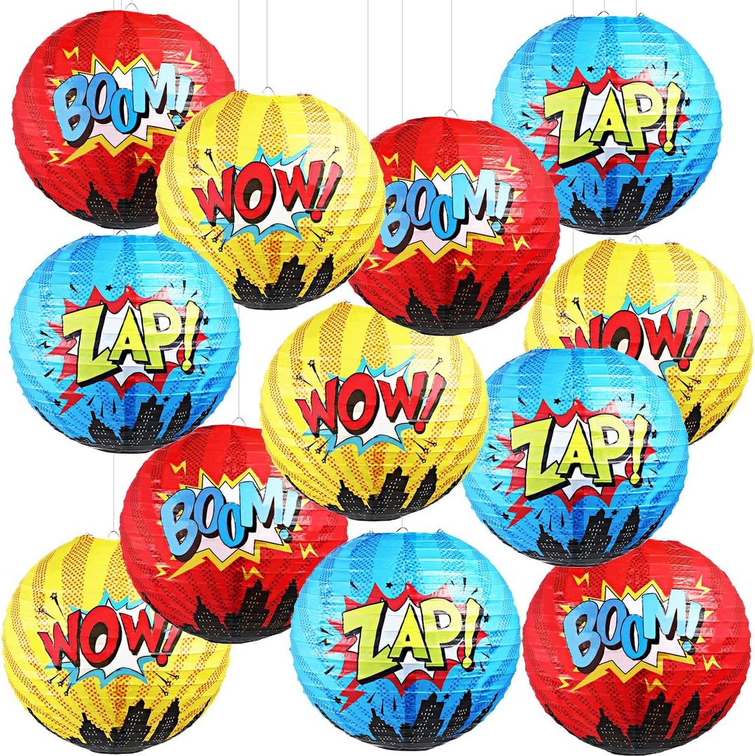 Blulu 6 Pcs Hero Themed Party Decorations Fun Hero Paper Lanterns Hanging Comic Wow Zap Boom Lanterns Birthday Party Favor for Kids Boys Adults Baby Shower Supplies