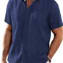 COOFANDY Men's Casual Linen Shirts Short Sleeve Button Down Shirt Summer Beach Tops (S, Navy Blue)
