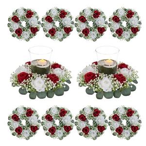 BLOSMON Wedding Table Flower Centerpiece: 10 Pcs 14 Inch Diam Large Crimson White Rose Babys Breath Artificial Flowers Candle Rings Wreaths for Home Party Table Decor Spring Floral Wreath