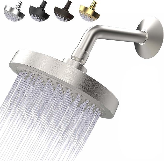 High Pressure Shower Head  AntiClogging Silicone Nozzles  2.5 GPM Removable Restrictor  Easy to Clean Adjustable Replacement  easy to install with Plumbers Tape  6 inch  Brushed Nickel Finish