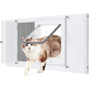 2-in-1 Cat Door for Window with Acrylic Panel, Rainproof & Ventilation Dual Modes, Adjustable Width of 28"-32" for Sliding Windows, Weather Resistant Window Cat Door Insert