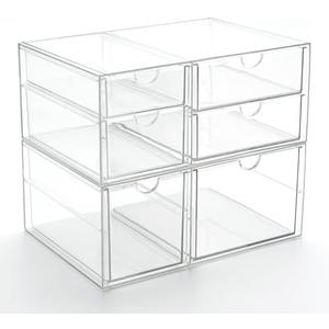 Prsildan Acrylic Drawer Makeup Organizer with 6 Drawers, Set of 2 Office Desk Organizers Accessories, Clear Stackable Storage Drawers for Vanity, Countertop, Craft, Jewelry (Largest Drawer 4.2" Tall)