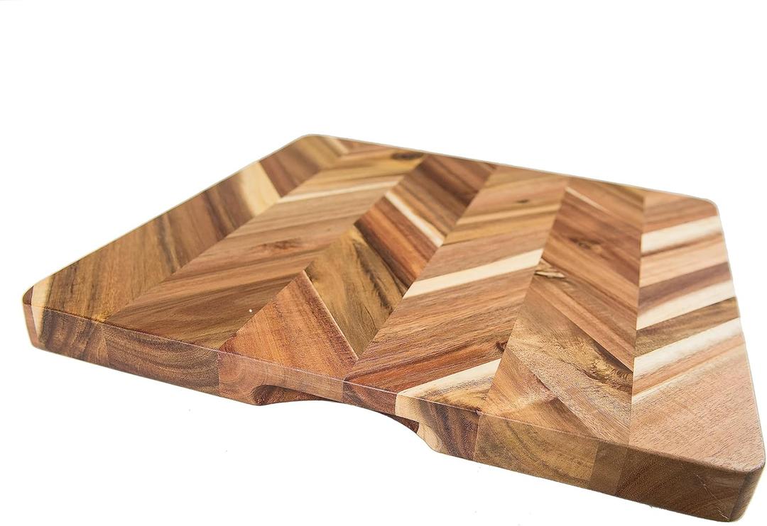 Lipper International Acacia Herringbone Square Cutting and Serving Board with Inset Handles for Chopping Meats, Fruits and Vegetables, 14" x 14" x 1" Thick