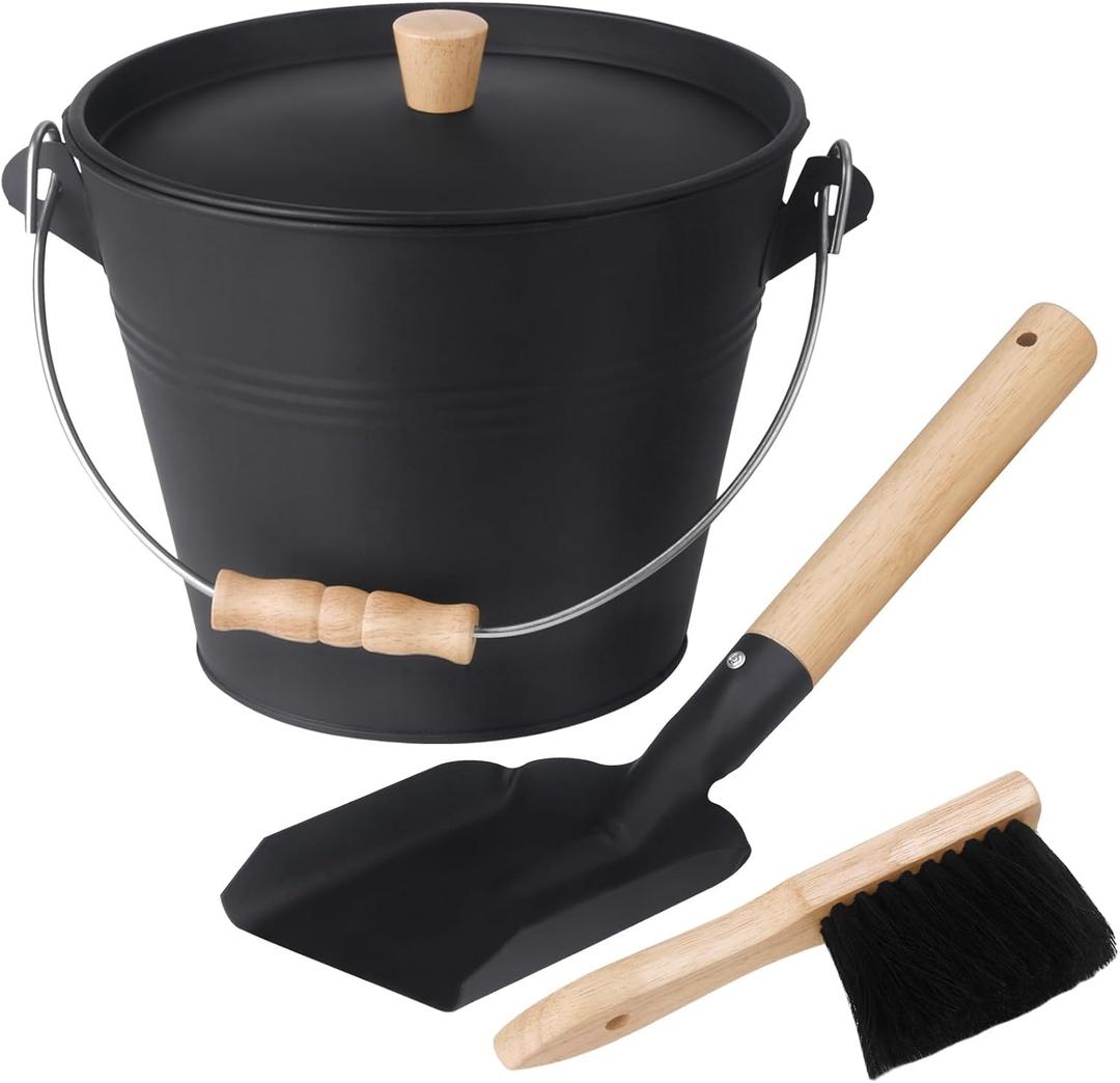 GameXcel Ash Bucket with Lid and Shovel Hand Broom - 1.5 Gallon Galvanized Iron Metal Fireplace Tools Ash Pail for Fire Places Fire Pits Wood Burning Stoves Hearth Accessories Indoor Outdoor, Black