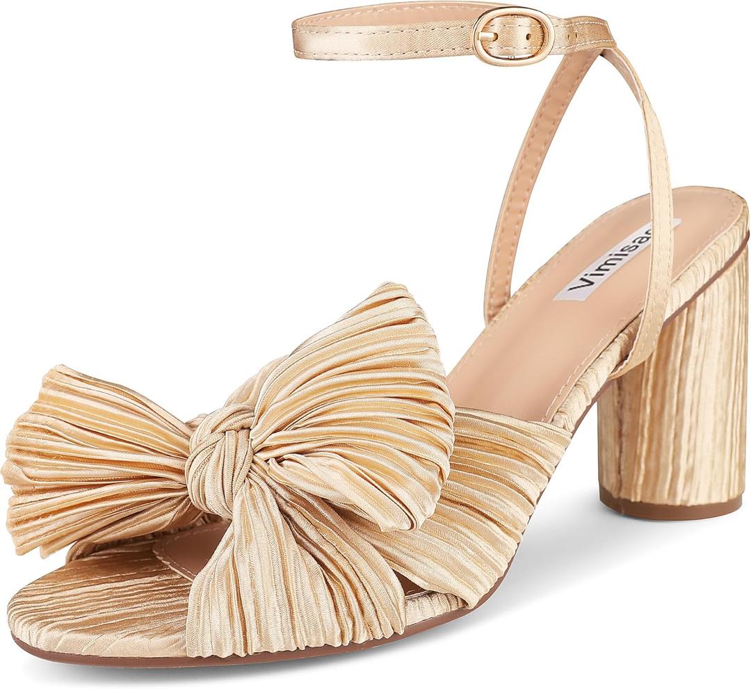 VIMISAOI Women's Bow Knot Heeled Sandals Open Toe High Block Chunky Heels Ankle Buckle Strap Pleated Bride Wedding Party Dress Shoes (10)