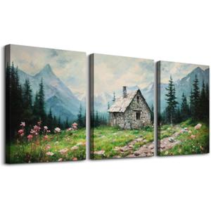 SERIMINO Nature Landscape Canvas Wall Art for Living Room, Forest Mountain Canvas Prints Paintings Room Decor, Cottage Meadow Wildflower Modern Farmhouse Wall Decor Set of 3, 12"X16" (Mountain Cabin View)