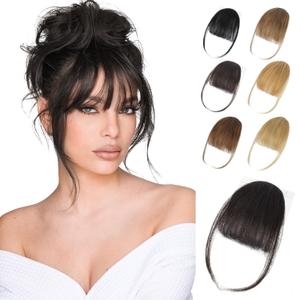 Lommel Clip in Bangs,100% Real Human Hair Wispy Fake Bangs Hair Clip for Women Brown Black Natural Curtain Fringe with Temples Hairpieces for Daily Wear and Various festivals (Brown Black)