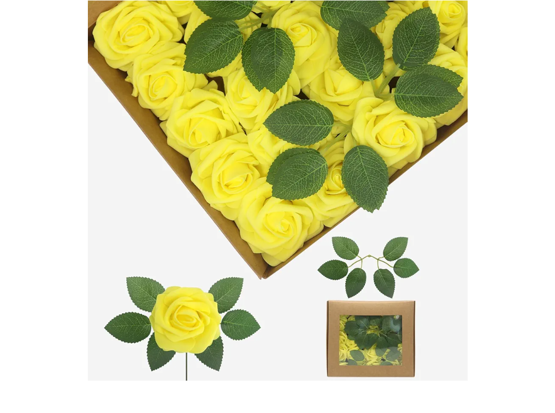 25Pcs Yellow Artificial Flowers Real Looking Foam Fake Roses, Wedding Flowers Combo for Wedding Bouquets Centerpieces Flower Arrangements Decorations (Yellow, 25)