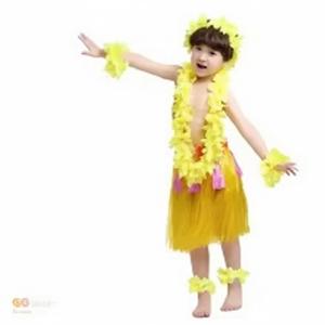 Tropical Dance Skirt Boy Girl Hawaiian Grass Skirt Flower Headband Necklace Bracelets Yellow Outfit for Luau Parties and Events