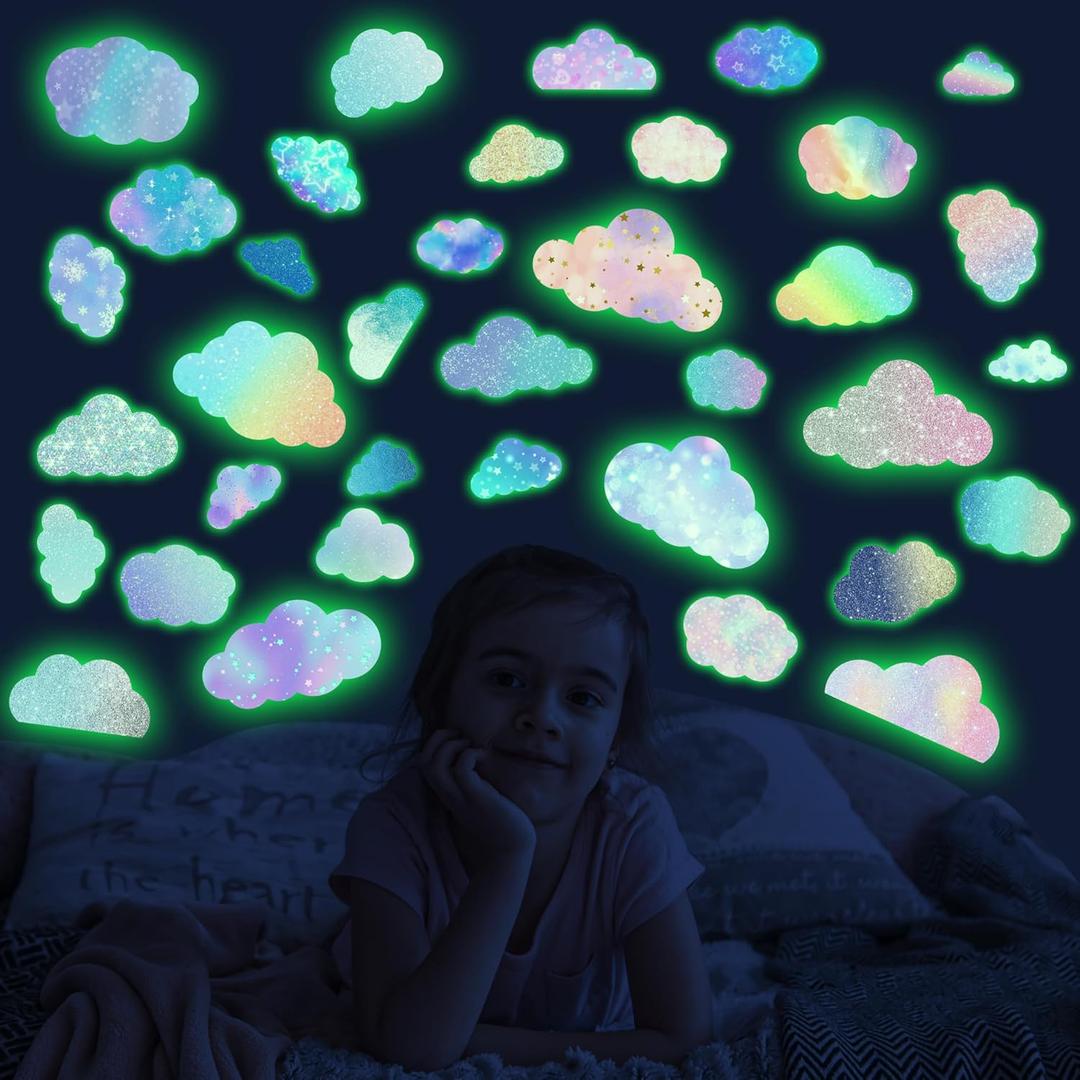 Glow in The Dark Colorful Clouds Wall Stickers, Holographic Rainbow Cloud Wall Stickers for Kids Bedroom, Colorful Glitter Vinyl Clouds Decals, Living Room Nursery Playroom Room Home Decor (Luminescent-056wsxx-green)