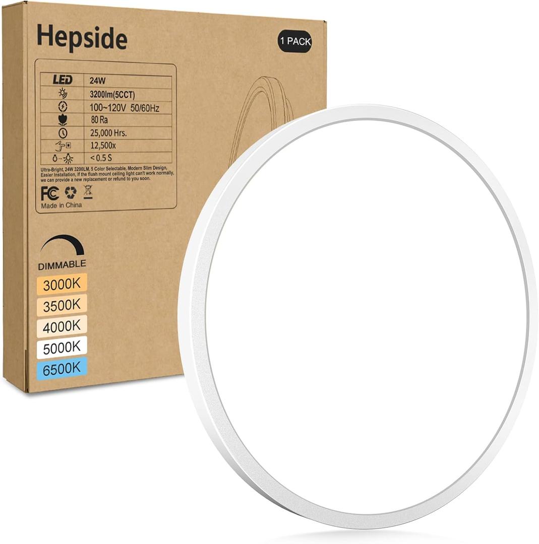 hepside 1Pack LED Flush Mount Ceiling Light Fixture, 12Inch 24W, Dimmable&3000K/3500K/4000K/5000K/6500K Adjustable Low Profile Ceiling Lights, White Round Flat Ceiling Light for Closet, Kitchen, Hallway