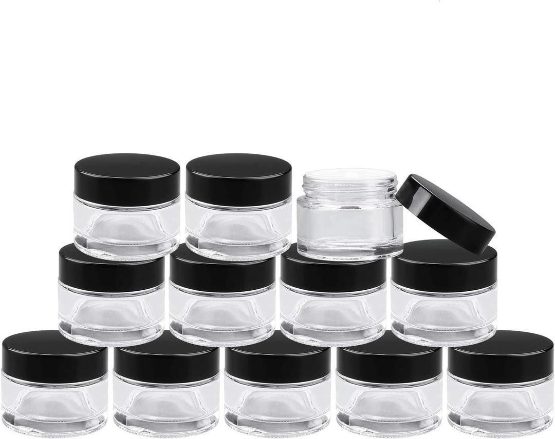 Encheng 30 Pack of 2 oz Clear Round Glass Jars,with Inner Liners and black Lids,Empty Cosmetic Containers,Cream jars