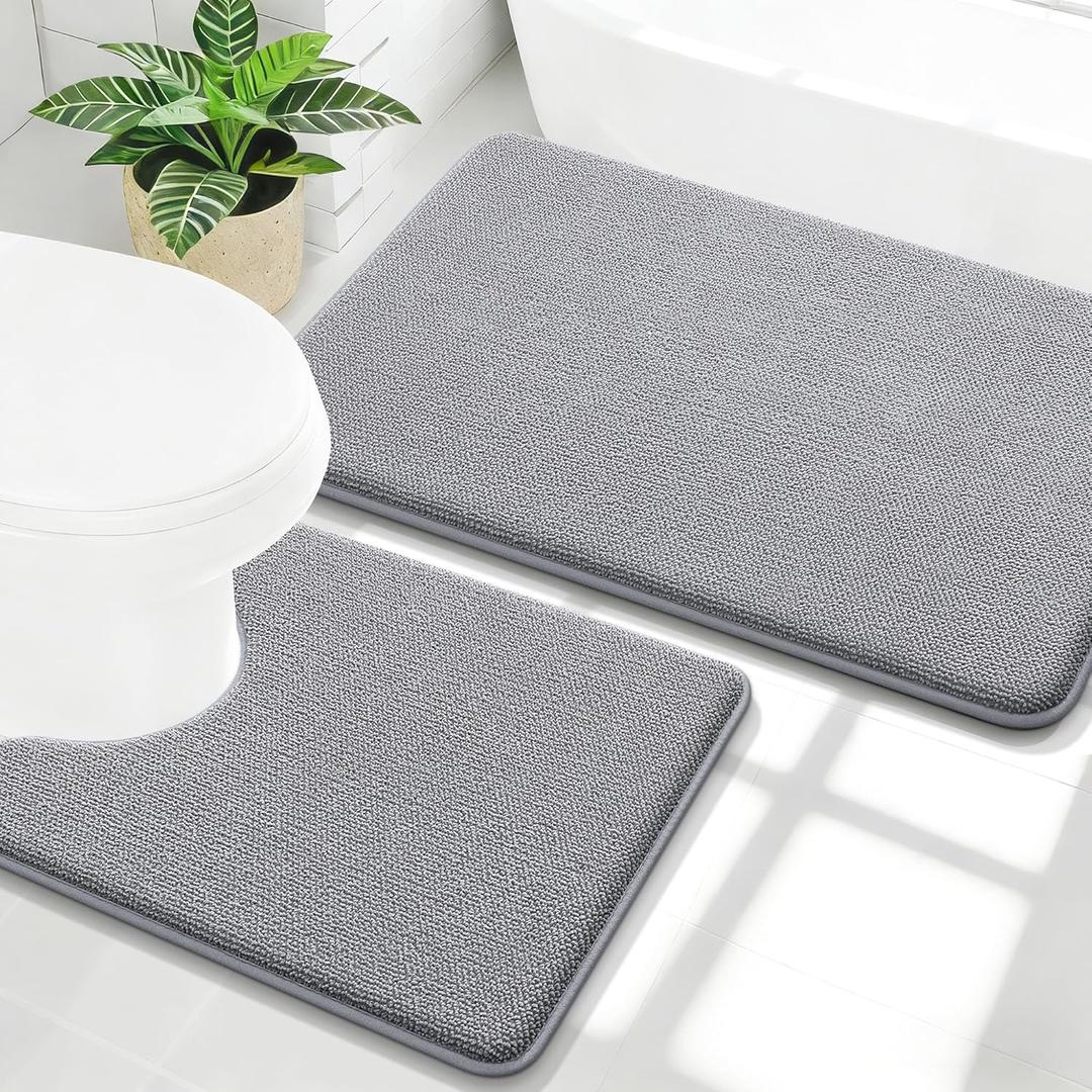 OLANLY Bathroom Rugs Sets 2 Piece, Soft Absorbent Memory Foam Bath Mats and U-Shaped Toilet Rug Set, Machine Washable Bath Mats for Bathroom, Home Decor Accessories (30"x20"+24"x20", Grey)