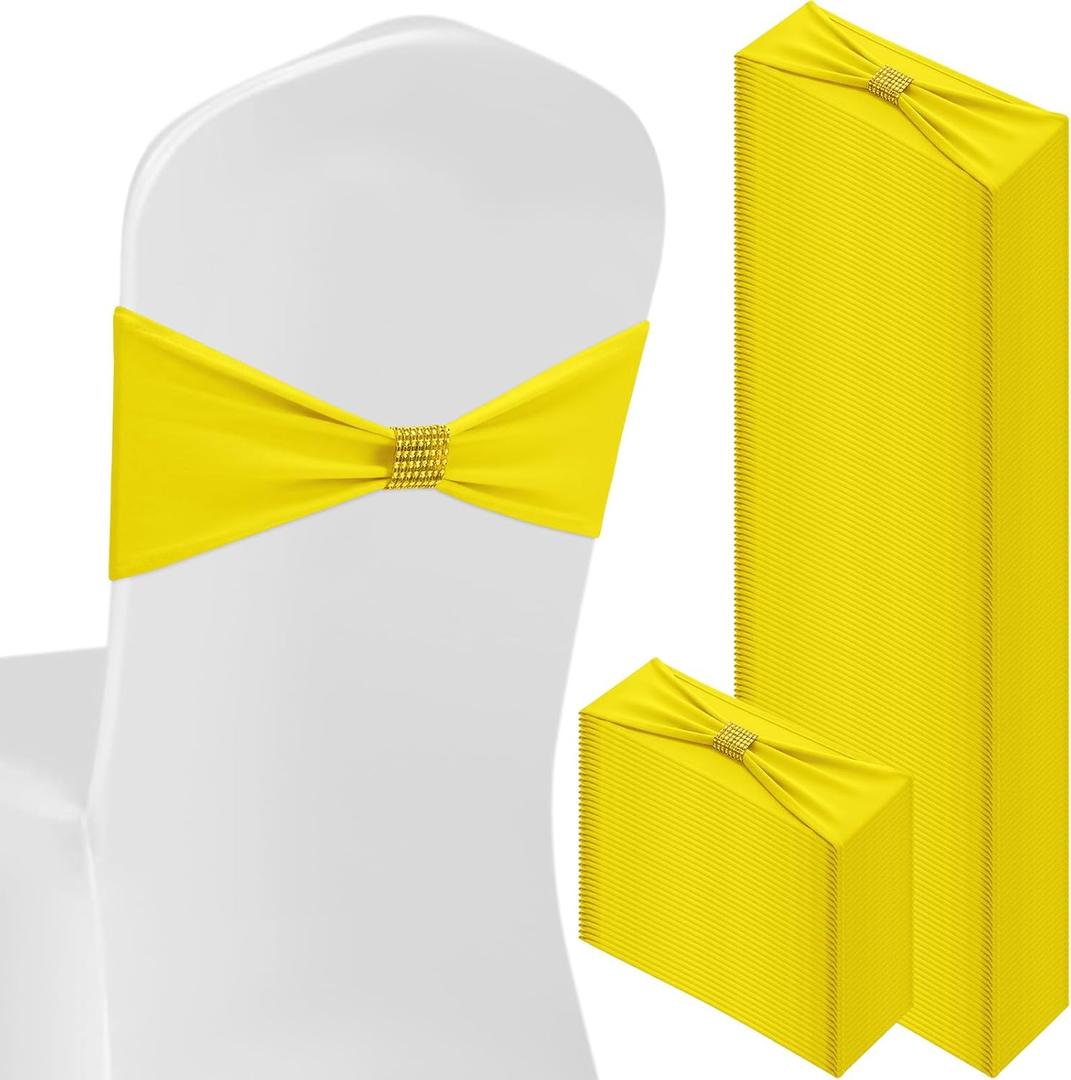 Hahafelt 100 Pcs Spandex Chair Sashes Bows with Rhinestone Ring Buckle Slider Elastic Universal Bowknot Chair Cover Bands Ties for Wedding Banquet Ceremony Event Party Decoration(Lemon Yellow)