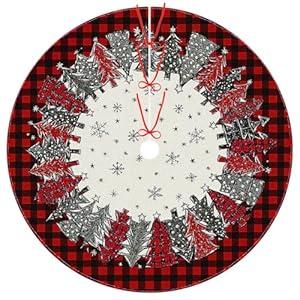 Christmas Tree Skirt 30 Inch, Tree Plaid Red Black Snowflake Xmas Tree Skirt Christmas Tree Mat for Home Party Holiday Indoor Outdoor Decorations