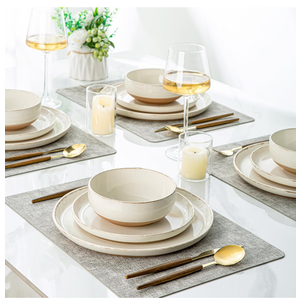 AmorArc Ceramic Dinnerware Set for 4, 8 Pieces Handpainted Plates Set with Rustic Terracotta Underside, Scratch Resistant Stoneware Dishes Set, Dishwasher & Microwave Safe, Beige