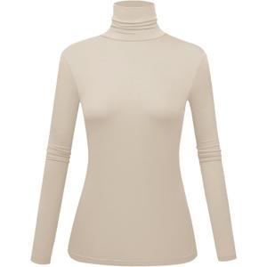 Women's Long Sleeve Turtleneck Shirts Slim Fitted Lightweight Base Layer Casual Tops (Beige)