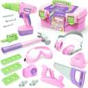 Kids Tool Set - Pretend Play Construction Toy With Tool Box and Electric Drill for Toddler Boys and Girls, Pink, Ages 3+