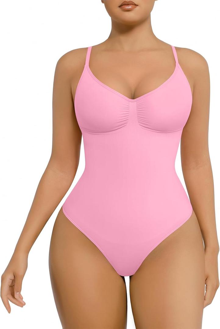 FeelinGirl Shapewear Bodysuit for Women Tummy Control Waist Bodysuit Thong Shapewear Body Shaper Going Out (Pink, XL)