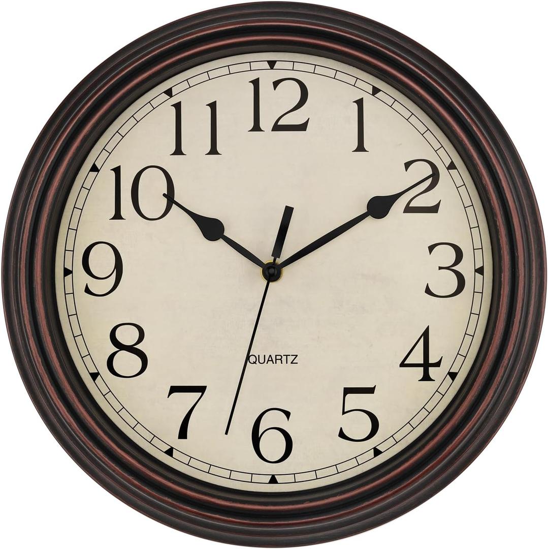 Foxtop 14 Inch Wall Clock Battery Operated Silent Non-Ticking Round Classic Vintage Retro Wall Clock Decorative for Living Room Kitchen Home Office (Bronze)