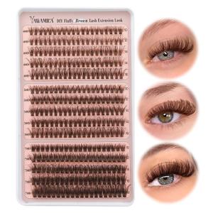 Yawamica Brown Lash Clusters Fluffier Eyelash Extension 10-16mm Individual Lashes D Curly Eyelash Clusters 40D+50D+70D Volume 300pcs Cluster Lashes Pestaas Pelo a Pelo DIY Lash Extension at Home