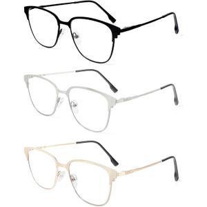 MMOWW 3 Pack Square Blue Light Blocking Reading Glasses Metal Frame Spring Hinges Computer Readers for Men Women (Black/Gold/Silver)