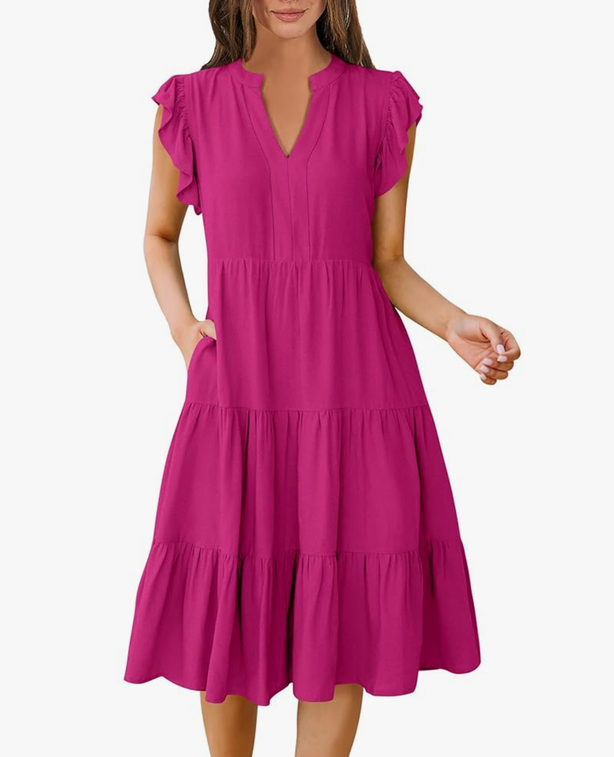 Prinbara Womens Summer Floral Midi Dresses Ruffle Sleeve V Neck 2025 Spring Casual Flowy Tiered A-Line Sundress with Pockets, XL