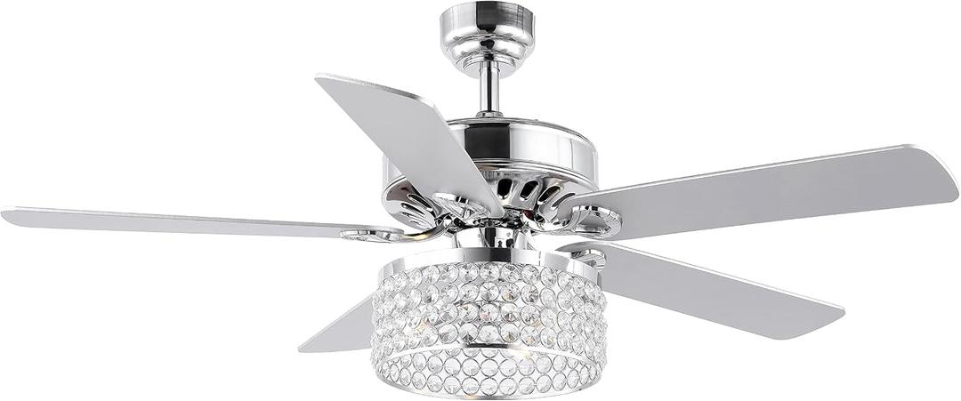 JONATHAN Y 52" Chrome 3-Light Crystal and Metal Drum LED Ceiling Fan with Remote, Modern Glam 5-Blade Indoor Fixture, Clear Crystal Prism Shade, LED Bulbs Included JYL9709A